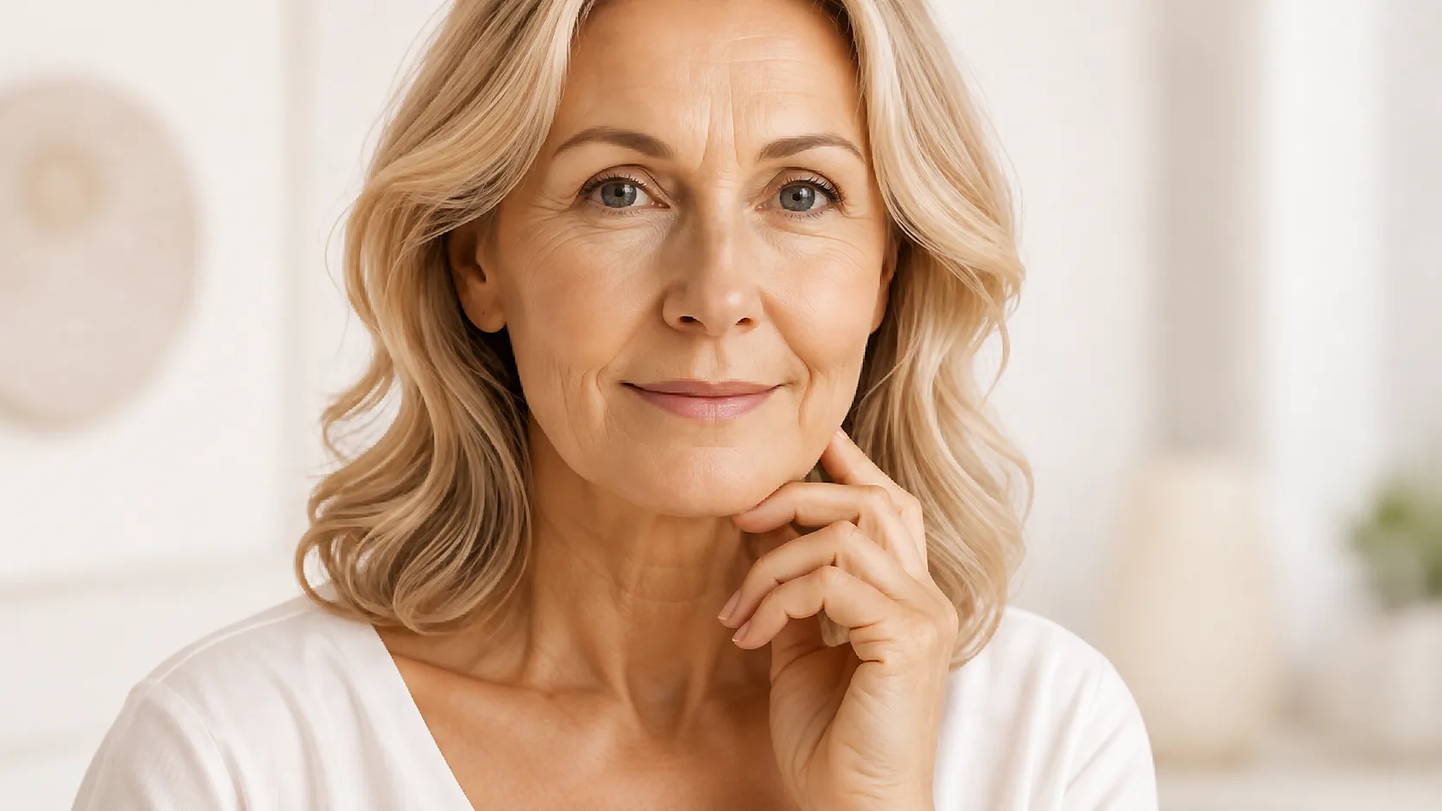 Close, natural portrait conveying calm self-care